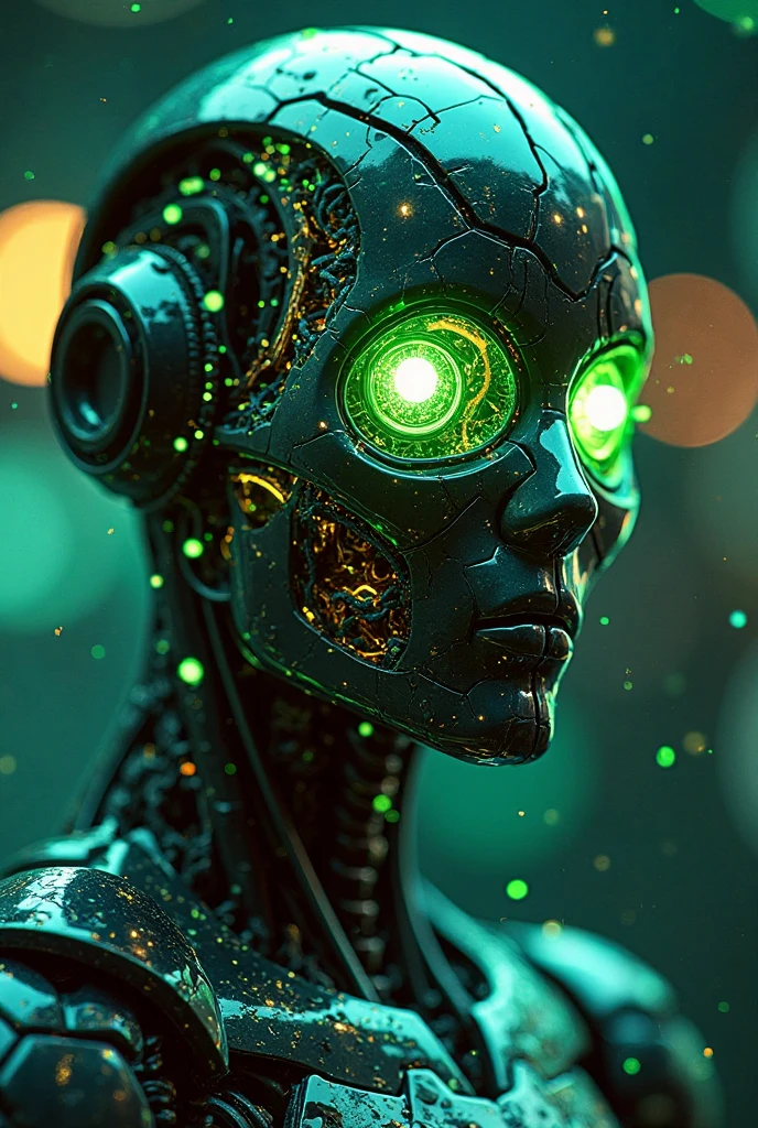 Human-cyber, releasing fluorescent green rays from its eyes, with blue glasses, in a futuristic city that integrates lightning with the lights of the colorful city