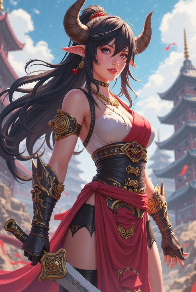 (High Detail:1.2) Anime girl, (Best quality, Detailed), Top quality, high resolution, perfect human structure, 1girl, (solo), elf, long hair, ponytail, black hair, (red eyes), smile, gravelly:1.3, dark:1.2, fair skin, white kimono, beautiful, big breasts, plunging neckline, intense look, dynamic pose, kneeling on grass, naked sex, sex view, japanesse temple behind, (8k, vibrant colors, digital art, concept art)