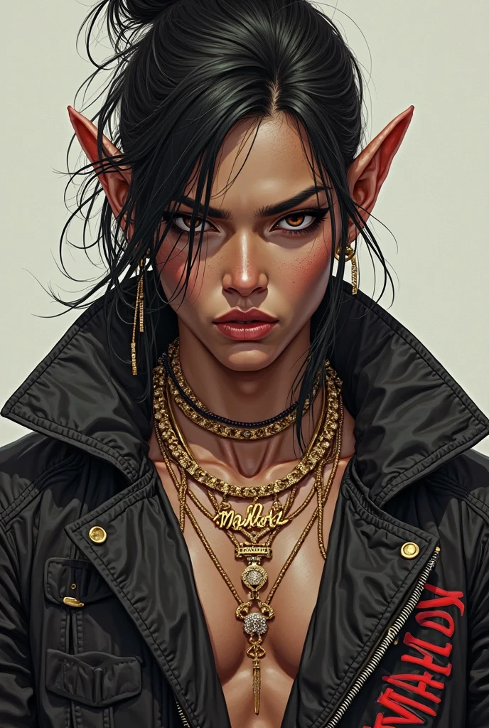 <lora:Dark_Fantasy:0.7> Dark_Fantasy_Style, 1girl, solo, long hair, looking at viewer, black hair, jewelry, earrings, sky, pointy ears, midriff, dark skin, vest, dark-skinned female, lips, tattoo, chain, bird, piercing, facepaint, nose piercing, cropped vest