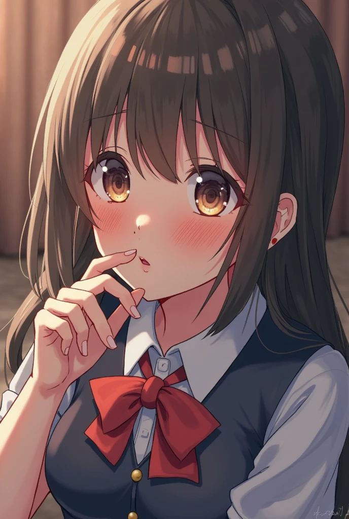 Anime girl with long black hair and a red bow sitting on a chair ...
