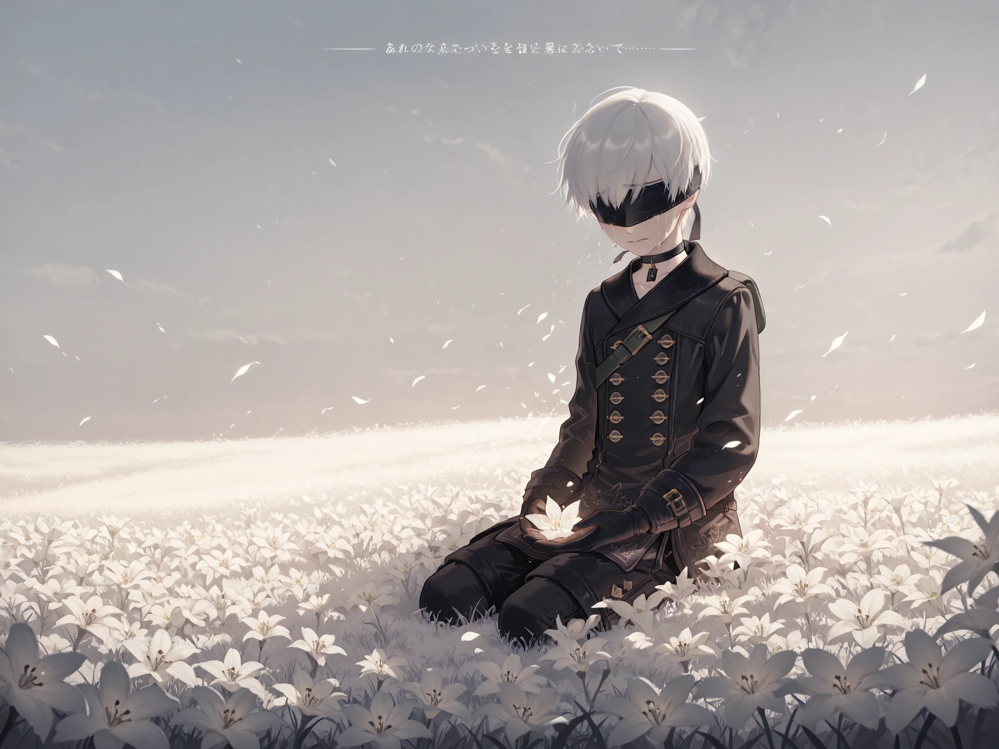 Solo, 1character, 9s,white hair,blindfold,black blindfold, choker scenery, nierscene, YoRHa 9S, sitting in a field of glowing white flowers, tears, crying, masterpiece, very detailed, absurdres