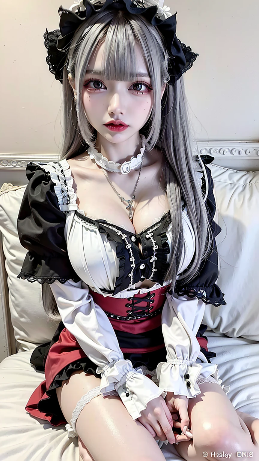 Browsing Caution,(Very delicate,highest quality、8k),(Man and mature woman having sex),Big Breasts,lure,Full make-up,smile,blush,Pink Gold Haired Maid ,Gothic Maid,skirt,Luxurious interior,