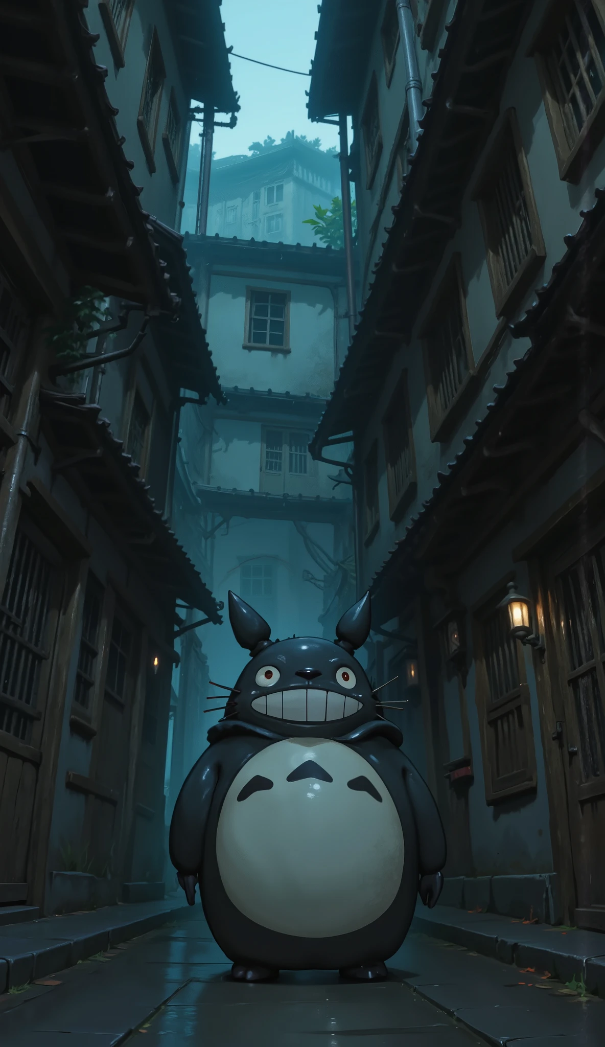 Mysterious Alley.hidden alleyway,Dead-end alley, Mysterious Totoro in front
(Wearing highrise_mask),(portrait),close up 1animal,Totoro _ Studio Ghibli anime, shot,look at viewer, heavy rain, smile with teeth