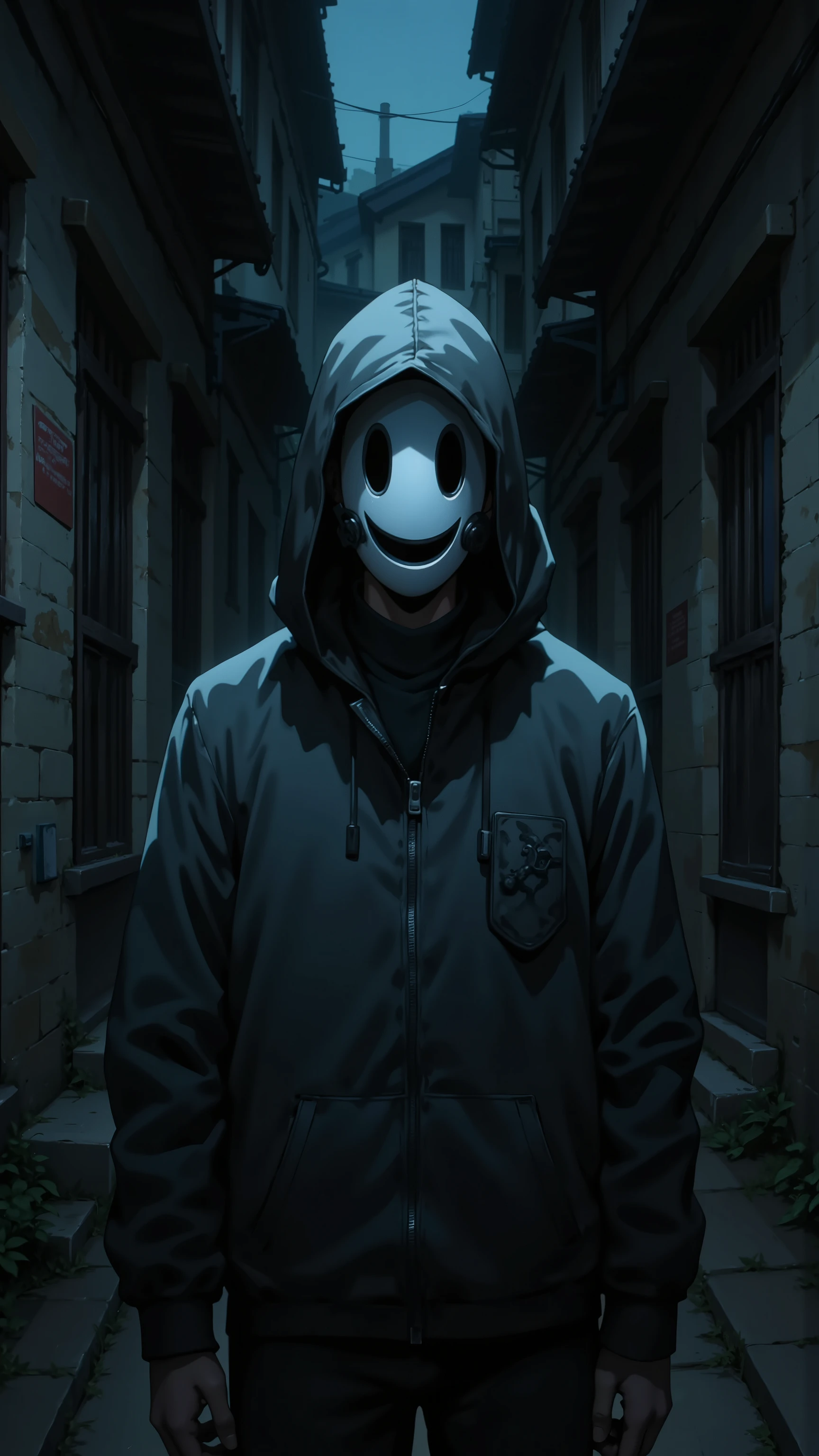Mysterious Alley.hidden alleyway,Dead-end alley, Mysterious Neighbor,in front,
(Wearing highrise_mask),(portrait),close up shot,look at viewer