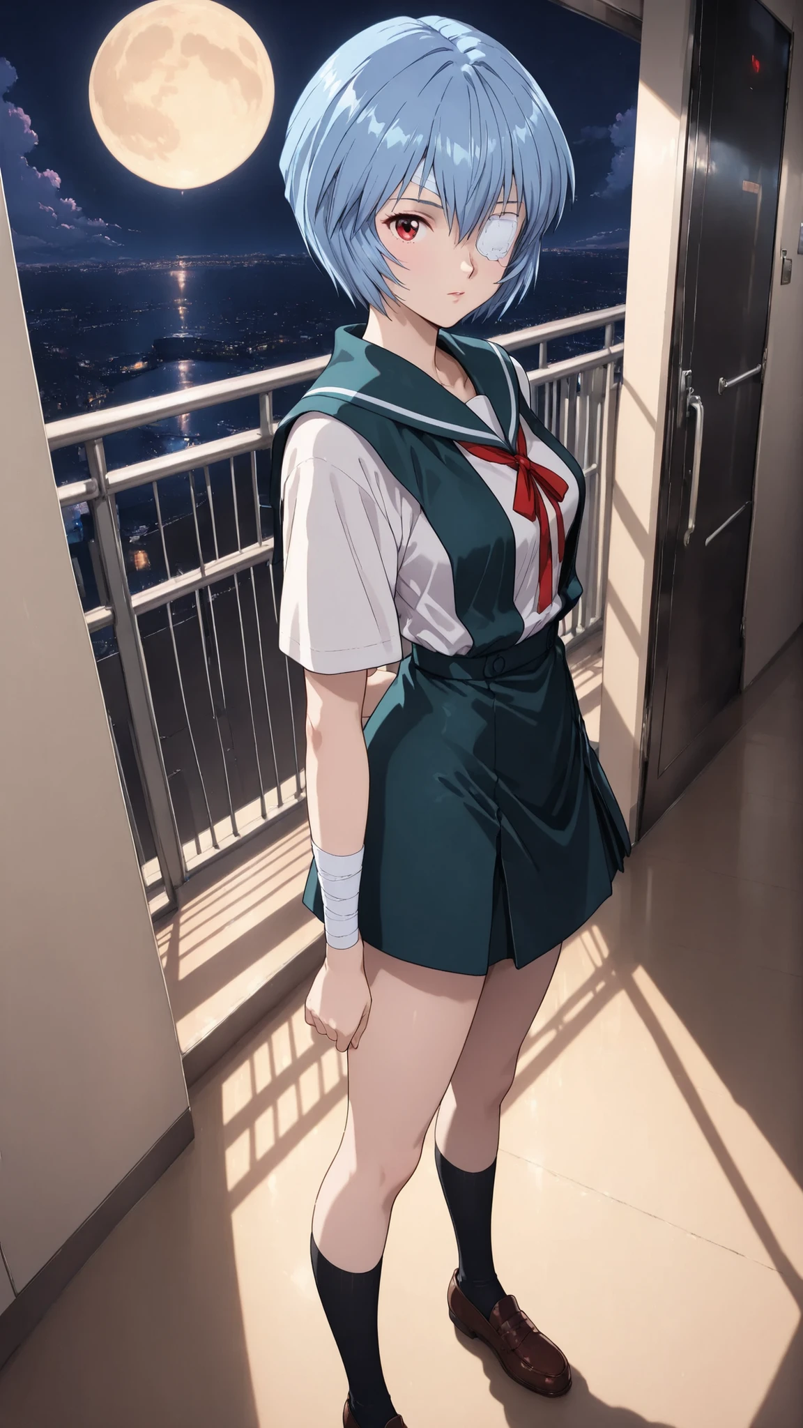 cinematic, (masterpiece), (best quality), (ultra-detailed), very aesthetic, illustration, realistic illustration, perfect composition, intricate details, absurdres, detailed face, (anime, masterpiece, intricate:1.3), (best quality, hires textures, high detail:1.2), (4k),(incredibly detailed:1.4),detailed eyes, realistic shadow, 1girl,Ayanami Rei, (school uniform,Bandages, eye patches)
black door, hallway, outdoor, railing,moon light,1980’s anime style,dim light,effect ,(dark night:1.3)