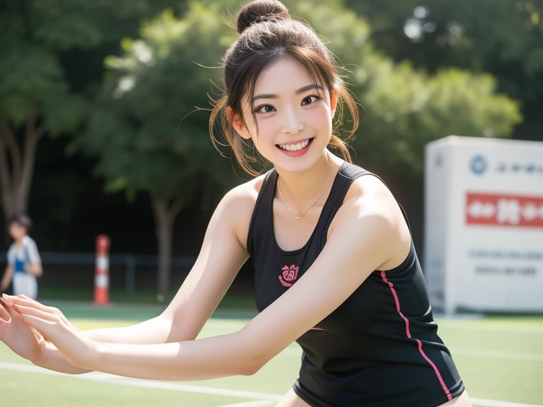 (Realistic、Like a photograph、Live Action、8k, Realistic, RAW Photos, Best image quality: 1.4), Single-lens reflex camera、RAW Photos, highest quality, Realistic, Very detailed CG Unity 8k wallpaper, Written boundary depth, Cinematic Light, Lens flare, Ray Tracing, Realistic background、Many people々々:1.4、(Volleyball Player:1.4、uniform:1.3、Volleyball uniforms that fit snugly against the skin、Big Breasts、Sports bag straps between breasts)、((Ultra-Dense Skin))、 1 female,Cute Japanese Volleyball Player、((Receiving posture、((whole body:1.5))、During the game:1.1、Smiling at the gym))、Pink inner color hair、short hair:1.2、tie your hair with a hair clip、I like that style、stylish、Very detailed、Pay attention to the details、Perfect outfit、(Sunburned skin)、Beautiful legs:1.1，View from below the front