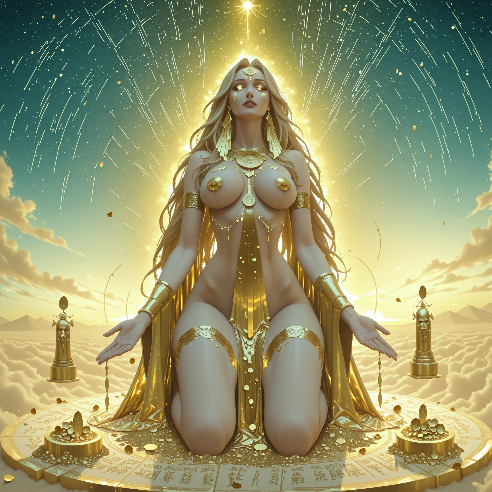Contemple esta impressionante obra digital, where a red crystal apple, translucent and crystallized, revela uma jovem de 20 anos envolta em luxuosas joias de ouro. Sorriso convidativo, olhar fulminante, ((She is naked and reveals toned body)),  long flowing blonde hair, She wears gold T-heeled sandals/20 every inch adorned with dazzling diamonds. Immersed in a starry sky, is inside a crystal clear Easter egg, vitrificado)), enquanto ao redor se estende uma pitoresca cidade rural decorada ((With Easter eggs, e lebres branca e beija-flor  multicolor))