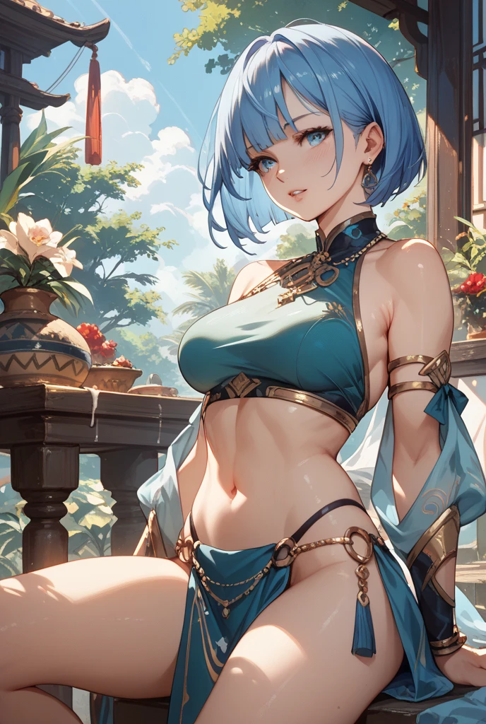 princess_daisy, blue hair, short hair ,red lipstick, blue eye shadow, 1girl, solo, perfect breasts, ,earrings glossy lips ,looking at viewer, blush, large breasts, nature, pond, trees, park, long white elbow satin gloves, holding, animal ears, cleavage, bare shoulders, jewelry, very l, gentle smile, pantyhose, earrings, fake rabbit ears, yellow leotard, fake animal ears bunny, long white elbow gloves, white gloves, legs