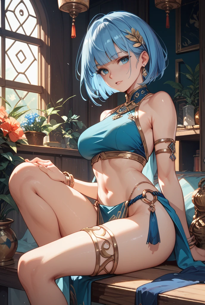 The genie from the lamp emerges with a mystical aura, her skin glowing with a golden hue, contrasting with the delicate features of her face. His eyes are like sparkling sapphires, radiating ancient power and profound wisdom. Her hair floats around her as if submerged in water, shimmering in shades of blue and silver. Dressed in a costume that mixes the traditional with the ethereal, she looks like a goddess from ancient myths, wrapped in veils that seem to be made of pure light.(8k), (Best Quality), (Masterpiece: 1.2), (realist), (Best Quality) 1.5, 1, Alone, ( Beautiful, Perfect face, Perfect eyes),water painting, ::2 " posing, realistic, professional photography, glo-fi, (accent lighting), (((impressionism))) The genie from the lamp emerges with a mystical aura, her skin glowing with a golden hue, contrasting with the delicate features of her face. His eyes are like sparkling sapphires, radiating ancient power and profound wisdom. Her hair floats around her as if submerged in water, shimmering in shades of blue and silver. Dressed in a costume that mixes the traditional with the ethereal, she looks like a goddess from ancient myths, wrapped in veils that seem to be made of pure light. ((Golden skin)), ( metal BLUE hair) (skin Golden), (Gold skinning)(skin yellow), (Green eyes)