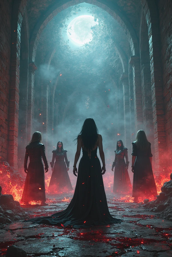 realistic group of 5 vampire sorceresses, ultra-sexy, white and black hair, casting spells, skull at their feet, ruined castle, mist, (best quality,4k,8k,highres,masterpiece:1.2),ultra-detailed,(realistic,photorealistic,photo-realistic:1.37),dark fantasy,dramatic lighting,moody atmosphere,chiaroscuro,cinematic,intricate details,vivid colors,dramatic poses