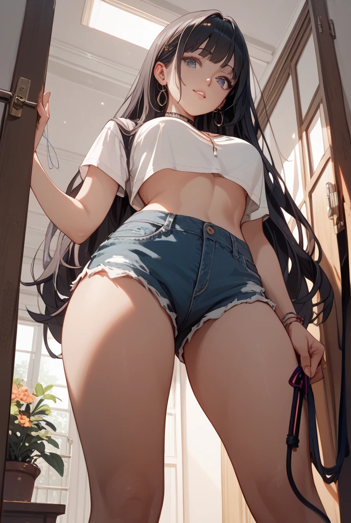 One girl, alone, Long Hair, (Large Breasts:1.3、Chest visible from below:1.2), View your viewers, blush, bangs, shirt, Black Hair, hair ornaments, Knee socks, belly button, Mouth closed, Green Eyes, Are standing, whole body, white shirt, Short sleeve, (Thighs:1.2), Outdoor, shoes, Shorts, Day, Hair Clip, abdomen, black Knee socks, Stomach, Raise your arms, Crop top, short Shorts, White footwear, denim, sneakers, blue Shorts, denim Shorts, Crop top overhang, cut off
