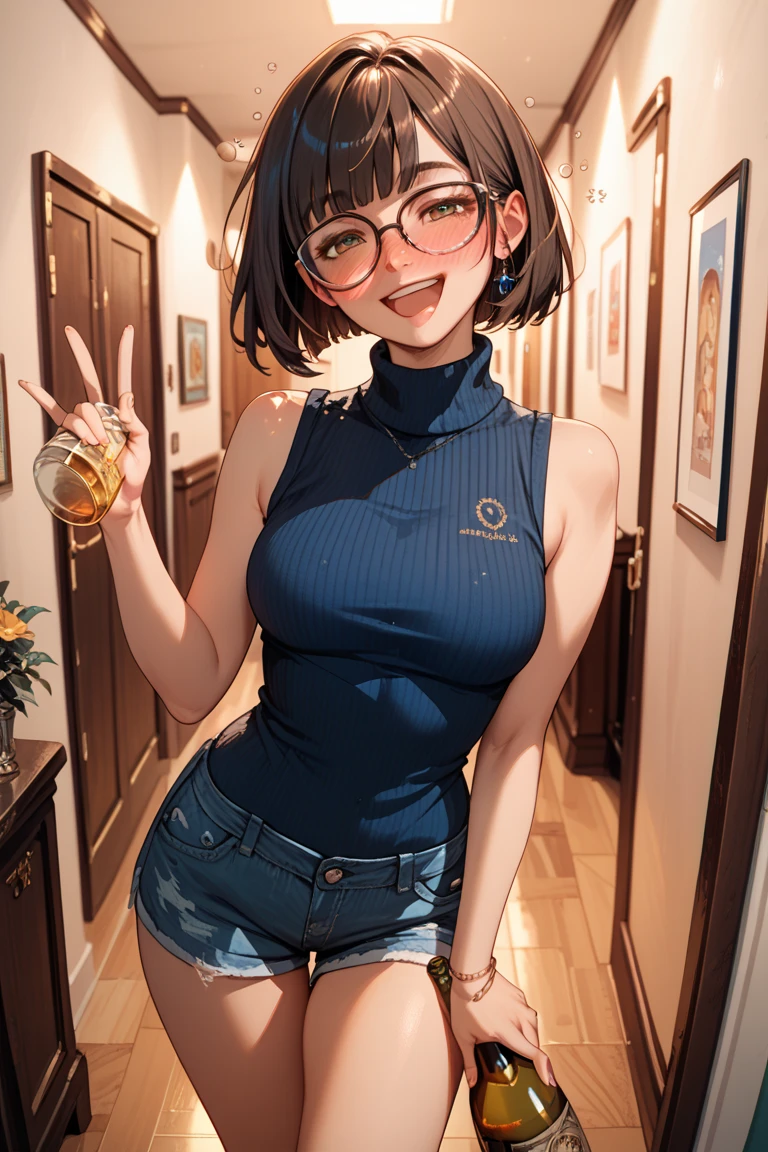 1girl, masterpiece, best quality, ultra detail, short straight black hair, pink lips, blue eyes, smiling, red cheek, looking at viewer, young, necklace, medium breasts, glasses, bare shoulders, midriff, crop top, 5 fingers, sexy legs