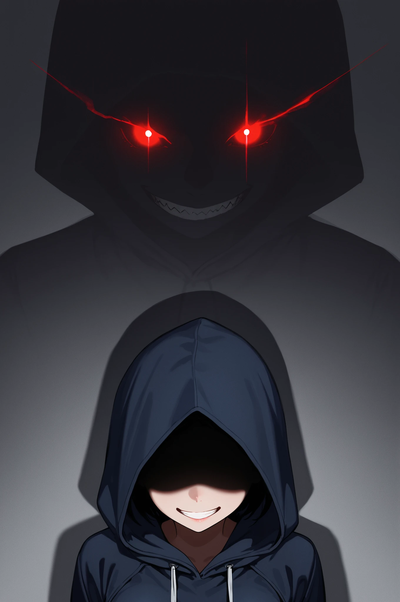anime, a boy with a hoodie and a cigarette in him mouth, twisted god with no face, with no face, digital art from danganronpa, in a hoodie, no face, no faces, scary pose, scary angry pose, eyeless, faceless people dark, creepy pose, tired and haunted expression, horrific background, chilly dark mood