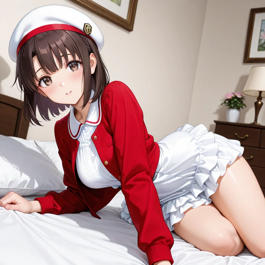 NSFW,1girl in,Sitting,From below,Looking at Viewer,Tomomi_Xijing, bow ribbon, Short hair, School uniform,red school uniform,Winter clothes,Long sleeves,Long skirt,Panties,Perfect Lighting,1girl in,, up skirt,Best Quality,Skirt lift,,Smile,blush,anime screen cap,Flat color,cel shading,(tucking up the skirt to chest),anties,short torso,Show panties,pantyshot,up skirt,