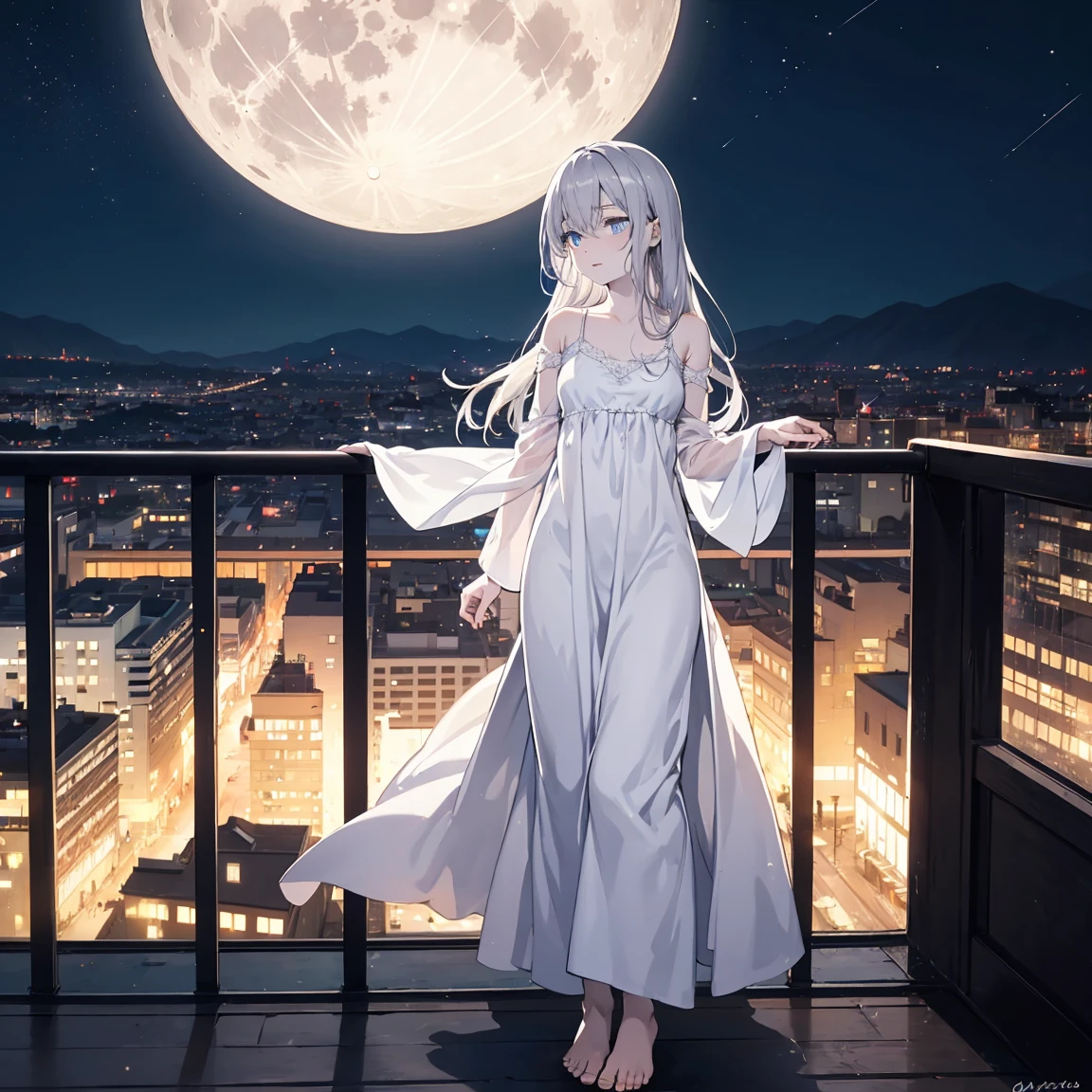 Open landscape , Landscape , Panoramic shot , (Looking up and down) , Girl in flower garden looking up , (Full moon: 1. 2) , (Shooting star: 0. 9) , (Nebula: 1. 3) , Starry sky , White flower garden , Shining flower garden , Fantastic flower garden , Trees , (Warm light source: 1. 2), (Firefly: 1. 2), lamp 3), Starry sky, White flower garden, (Warm Light Source: 1. 2), (Firefly: 1. 2), Lamp, Orange and Blue fine detail, (Masterpiece: 1. 2), (Top Quality), 4k, Ultra-fine detail, (Dynamic Composite: 1. 2), (Top Quality), Lamp, Orange and Blue voluminous lighting Main Fine Detail BREAK ((Masterpiece: 1.2), (Top Quality), 4k, Ultra Fine Detail, (Dynamic Composition: 1.4), Very Fine Detail, Colorful Detail, (Iridescent: 1. 2), (Luminous Lighting, Ambient Lighting), Dreamlike ( Ambient Lighting), Dreamlike, Fantastic, (Solo: 1.2), Glitter, Glitter, Petals Dancing, Light Dancing, White Hair, Beautiful Hair, Long Hair, Hair Dancing, Back View, Puddle, Soap Bubble, Pose, Long Skirt, Solid White Dress, Lace Short Sleeved Dress