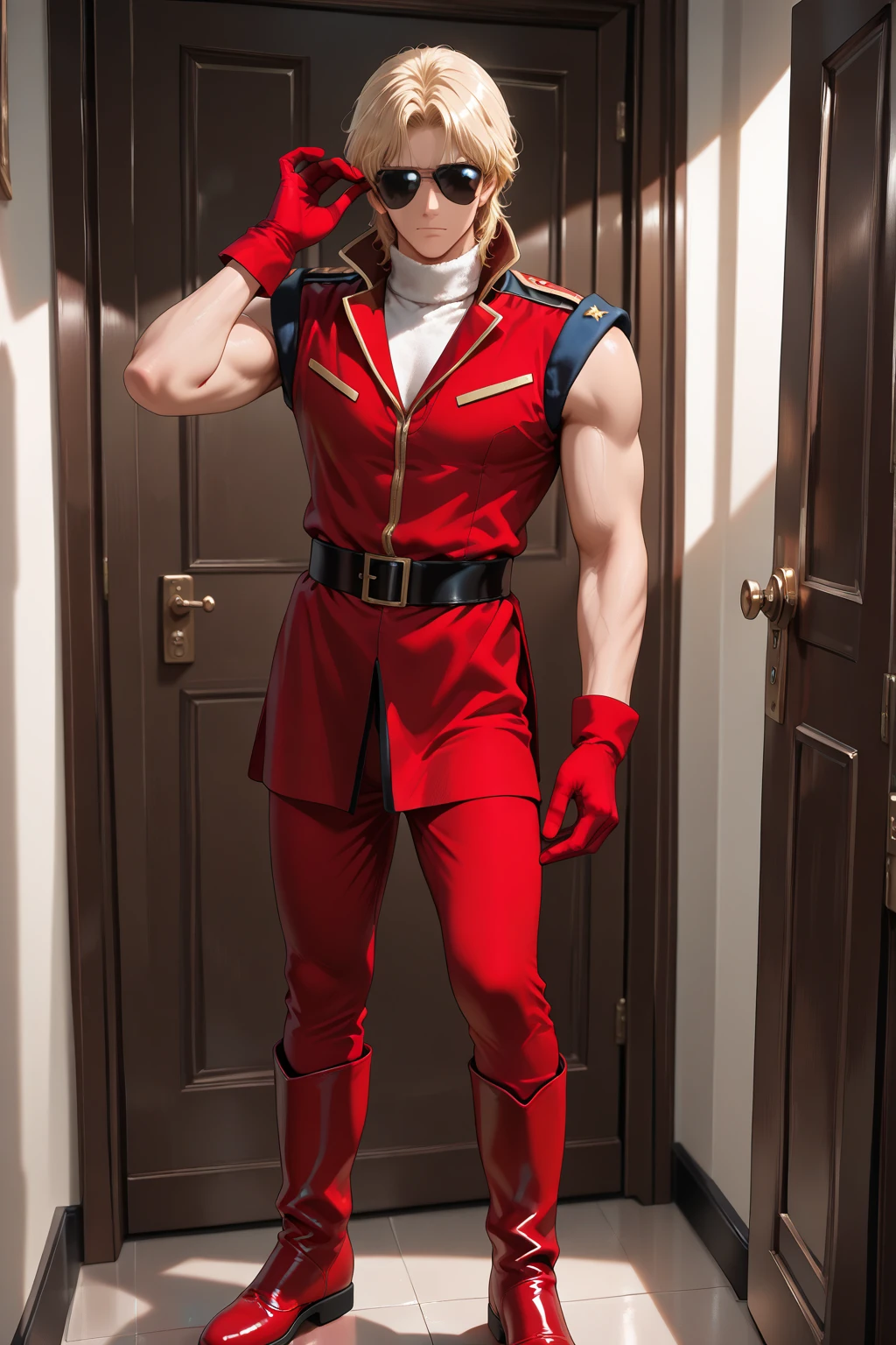 Bakugou, knee-high blonde hair with braids, crimson red eyes, he is dressed in medieval pants, is shirtless showing his abdomen, but wears a red cape with animal fur, perfect appearance, high resolution, full body. Set in a medieval castle where it has various armor of soldiers.