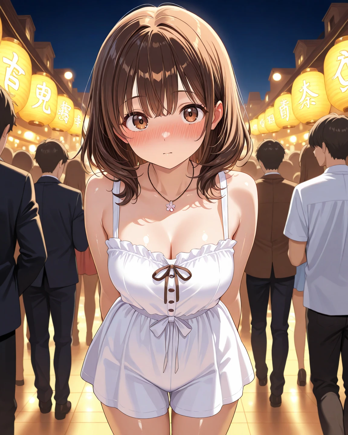 attractive korean woman, ripped muscle, muscular body, small breast, pale skin, smile(blush), nude, cross necklace, sixpack abs, [ultra detailed skin:1.2], brown hair, wavy hair, 8k uhd, pussy, full body, crowd, public, temple, standing,