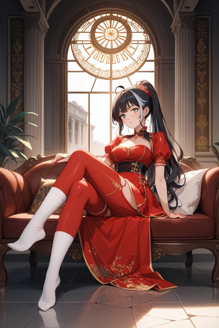 A woman wearing red cami dress, exposed shoulder, golden put on with red ruby, long transparent black stockings, red heels, big breasts, black hair, long hair, golden olive leaf in her hair, standing in a large room, eyes red, red eyes, ruby ​​eyes, perfect face, perfect lips, perfect eyes red luxury chair, piano in the living room, large luxury windows, perfect lighting, luxury wooden floor with carpet, artistic paintings on the wall, (Azur_lane, IJN_Taihou)UHD, masterpiece, accurate, anatomically correct, textured skin, super detail, high quality, best quality, 8k, high resolution, bokeh effect.(solo woman),white gloves, close view.
