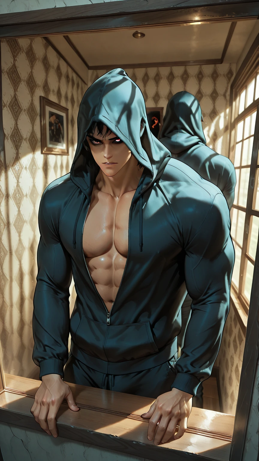 yami from the anime black clover, black hair, katana, wielding a katanan, handsome man, muscular man, has a beard. looking at the audience, staring intently, wearing formal wear