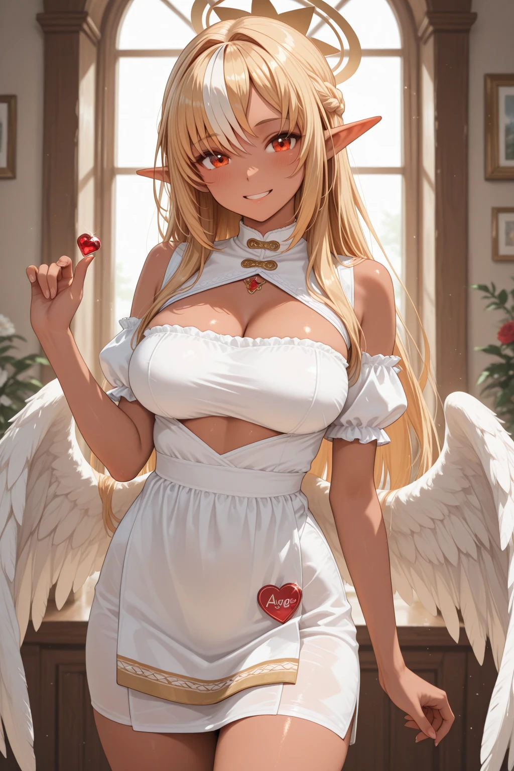 (best quality, highres, masterpiece : 1.4), (flatten art : 0.8), masterpiece, (best quality), 1girl, anime, (shoulder-length light blonde hair, long braided ponytail tied with red ribbon) very long side-swept bangs, fair skin, deep red eyes, heart shape pupils, cupid wings, (floppy white beret, (pink motifs with small golden heart shaped design), small cupid wing at side), pointy ears, medium sized breast (uncovered, with 1 small heart tattoo), sadistic grin, (detailed face), (bedroom, night), close-up, hentai, (undressed pink dress with white motif, small orange tie), seducing, alluring, enticing, cowgirl position, woman-on-top sex, porn, sweating, lustful, pov, cumming, dynamic motion