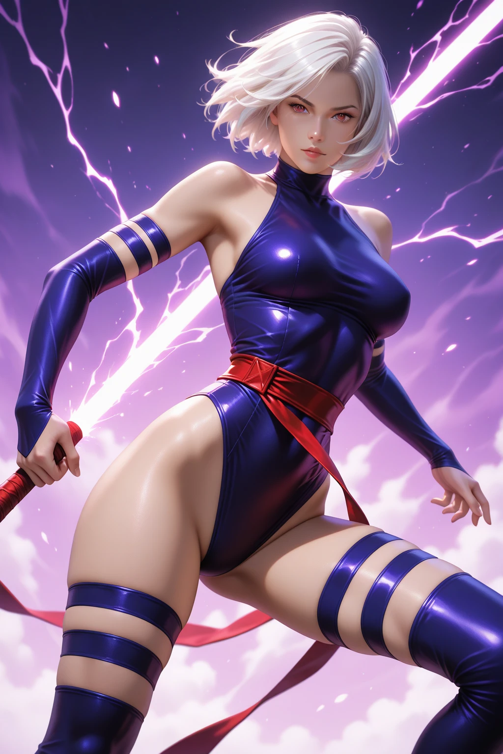 4k, 1 girl, marvel universe, body, narrow waist, athletic body, curvy, seductive curves, medium large tits, perfect ass, glossy lips, plump lips, >, Gwenpool clothes, spandex bodysuit, bodysuit color, bodysuit details, shoes, shiny pink, ponytail hair horse, hair, eyes, small nose, humor, 4kbody pose, shooting, 2 weapons, katana position, highlighted boobs, action pose, combat, 4k enemy blood, flying bullets, >, 8k masterpiece.