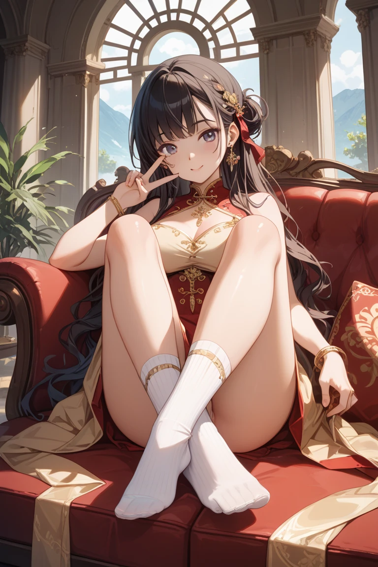 (((8K, masterpiece, best quality, ultra detailed))), HDR, lens flare, particles, chinese gorgeous royal style, A princess on a throne in a palace, (composition close to her), (perfect anatomy), spread legs, lift up skirt, show off panty, ((detailed tight short cheongsam, detailed kawaii anime face, detailed smooth legs skin, detailed eyes, detailed sexy panty, detailed hair)), large breasts, many large presence accessaries, stiletto heel, tiara, hair ornaments, earrings, bracelets, anklets, trinkets, smoky makeup, eyeshadow, heavy makeup,