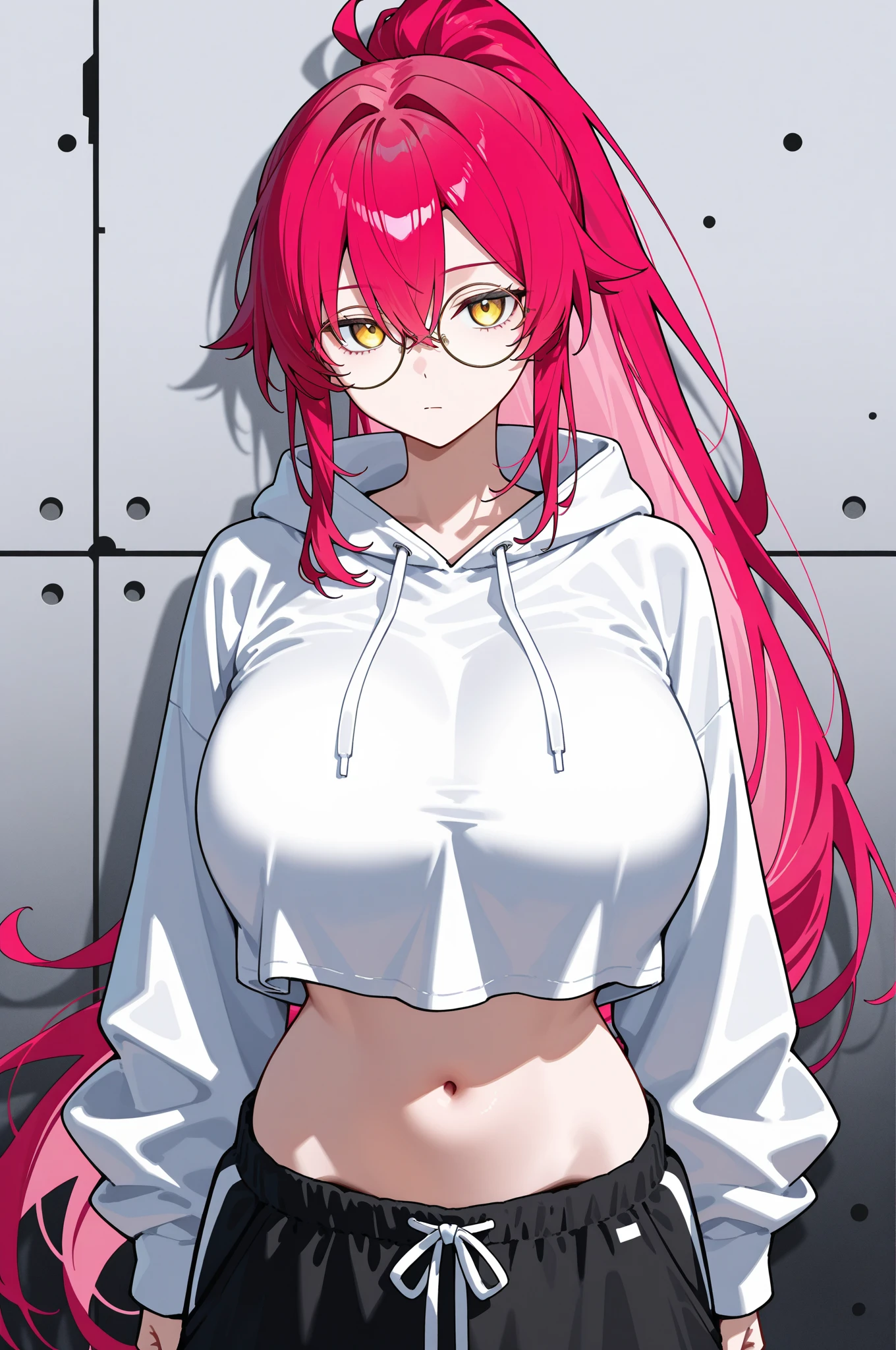 cyberpunk elf、red pink long hair、Red glasses、Sparkling eyes、gazing at viewer、ssmile、smiling at the viewer、((Huge breasts:1.5)、Chest apart、Puffy nipple、underboob、sideboob barbosa、(White Tight Sports Bra:1.5))、((red pink low leg panties:1.5)、Navel out、(Cameltoe:1.5)、large luminous tattoo on genitals、zettai ryouiki)、(Curve、NSFW)、Focus on the chest, Looking up from below.、(night cyberpunk background、A futuristic city illuminated by neon lights at night)、(Illustration:2.0)