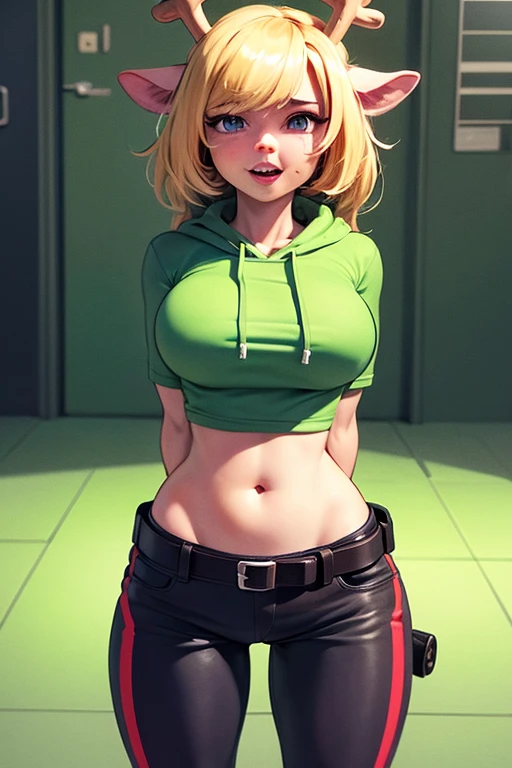 a small chested girl with muscular body,tan,faint six pack,wide hips,thick thighs,blonde hair,green eyes,plain background,Gothic makeup,black hoodie,gym shorts,lip piercings,ear piercings,belly button piercing,pierced nipples,smiling,heavy blush,pigtails