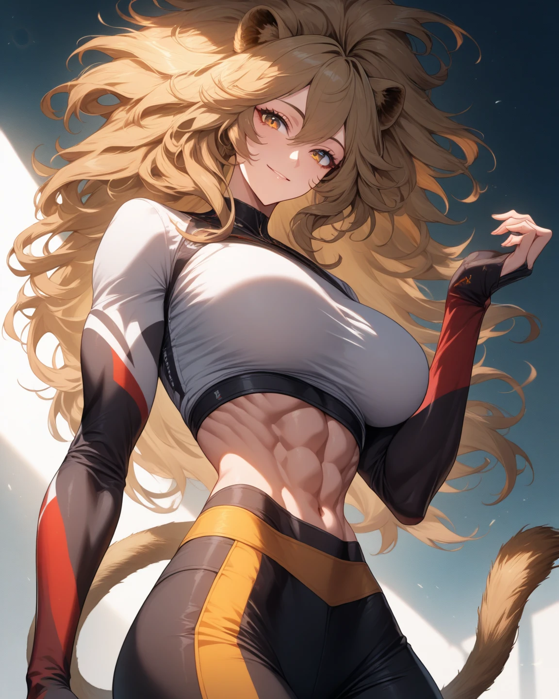 blond hair, darkskinned-female, musclegirl, crazy smile, babarian, revealing cloths, long hair, living hair, red eyes, full body, feet,