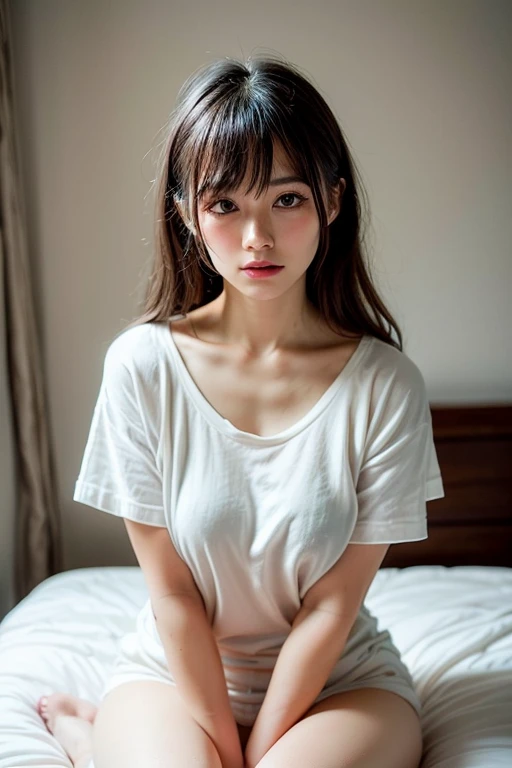 17 year old female in Prague、no-makeup、charming and cute face、(oversized deep v neck t-shirt、Long length)、T-back panties、Longhaire、Beautiful eyes、Prone、on the beds、Unkempt hair、darkened room、beutiful breast、Beautiful valley、thin-waist、Big hips、Soft light emitted from the bedside lamp、I can see the moon from the window、Expressing even the finest details、High-definition rendering similar to photos