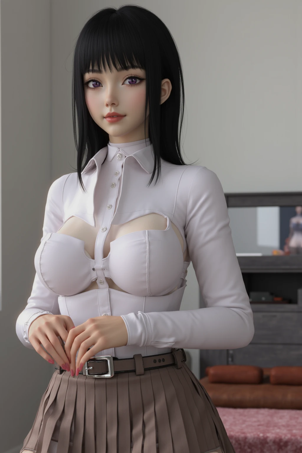 Tight silicone leggings, short t-shirt, without bra, big ass, front view, highly detailed, deep focused image, realistic full-lenght photo