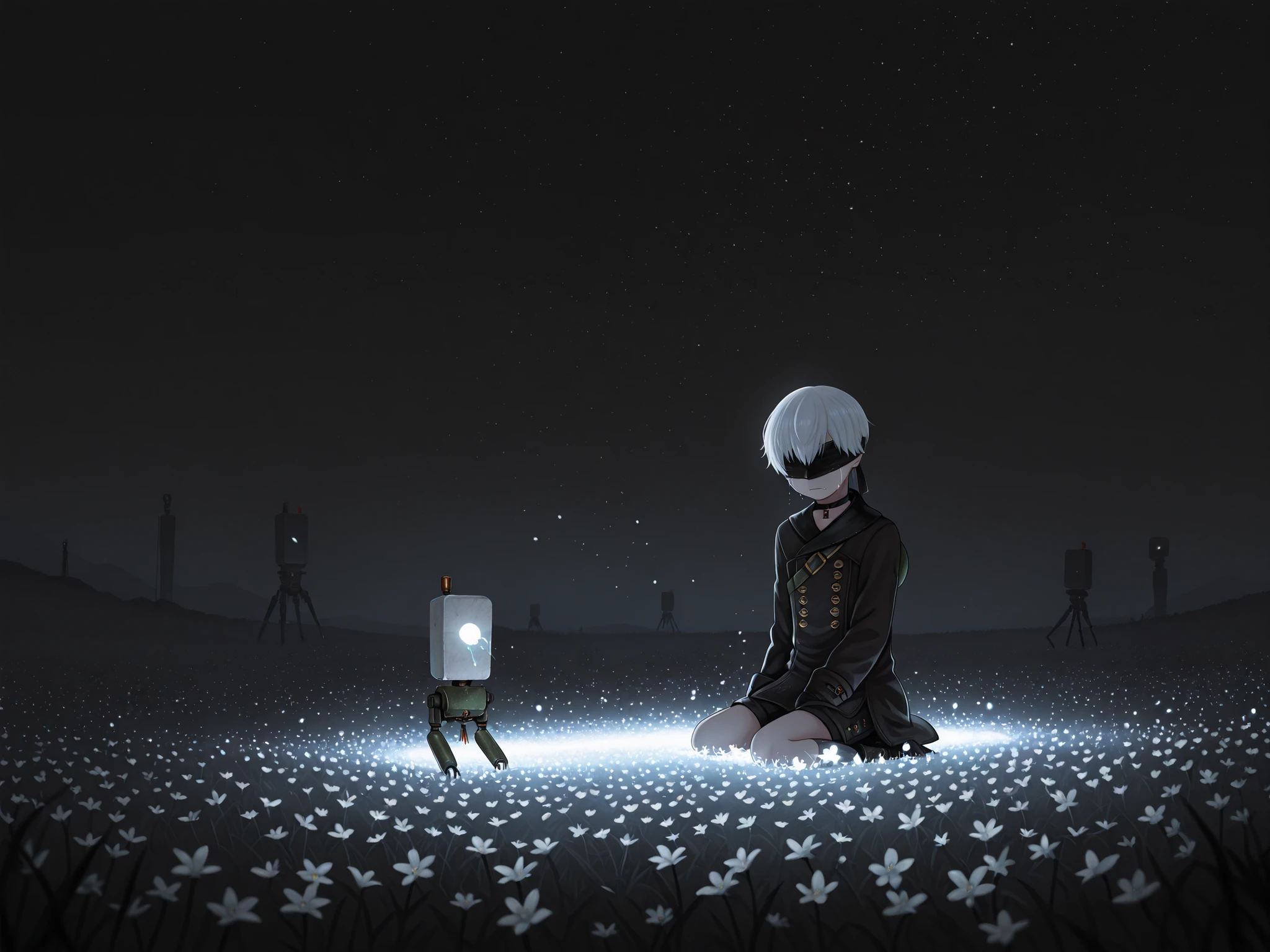 Solo, 1character, 9s,white hair,blindfold,black blindfold, choker scenery, nierscene, YoRHa 9S, sitting in a field of glowing white flowers, in a dark space, the only light is from the flowers, Pod 153, tears, crying, masterpiece, very detailed, absurdres
