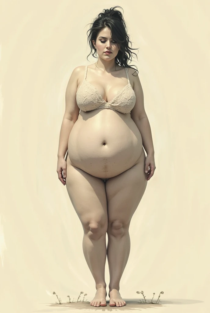 il y a une femme en chemise blanche et culotte noire qui pose, she has a round and big belly, thick, bbwchan, her belly is big and round, sultry body with sexy belly, attractive plus size model, her navel is exposed, hyperrealistic complete figure, corps thick, large stomach, curved model