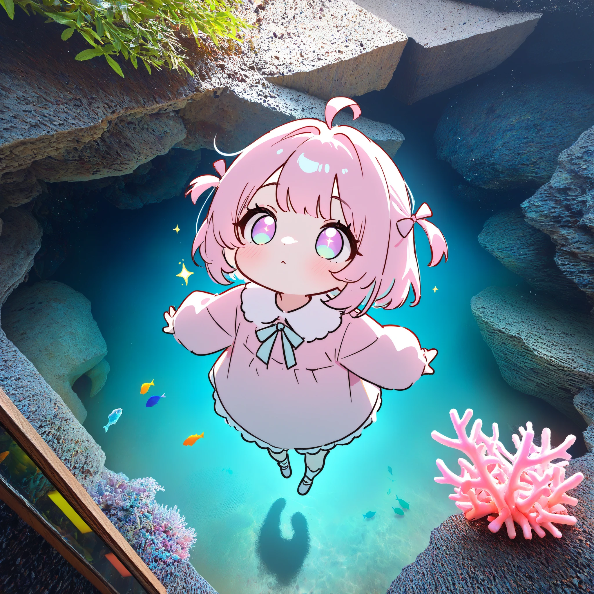  simple, Pastel palette, pale color, Innocent, Cute, dreamy, yume kawaii, Soaring high, dressstyle, sweetLolita, cherry bob, pinkfairy, Sparkle, glitter, jewel eyes, beautiful arrangement of motifs, picture frame style、soft expression, looking upward, underwater lighting,

photo background: deep ocean scene, shafts of light piercing from above, coral reefs and colorful fish, gentle bubbles rising, magical atmosphere
