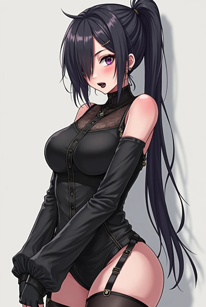 masterpiece, best quality, distinct image, 1 girl, 16 year old teenager, off shoulder elegant mini blouse, pleated skirt held tightly by a beelt, solo. sharp facial features, oval shaped face, cherry pink lip, lightly tanned white skin, velvet-colored eyes, tall height(175cm), slim yet chiseled body-type, dark violet-black hair, short pixie cut hairstyle, long and slender legs, curvy wide hips stretching the dress, full body image,
