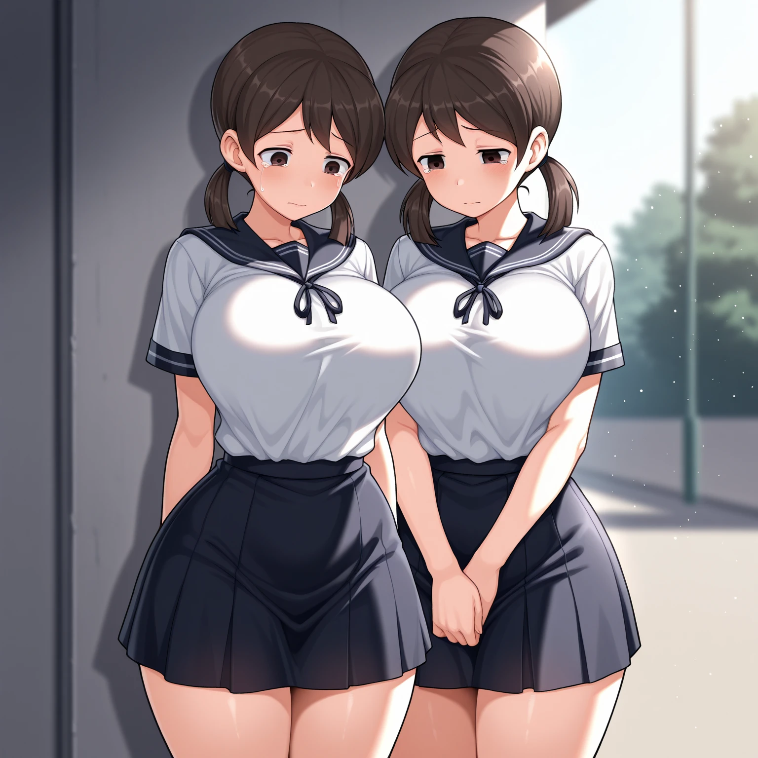 NSFW、独奏、(White tennis wear、White polo shirt、Big Breasts、white micro mini skirt white、White pleated skirt)、Toned body、Bare thighs、(Panty shot、White panties、Panties transparent with sweat、Mansuji)、(White tennis wear、White polo shirt、Big Breasts、white micro mini skirt white、White pleated skirt)、白シャツ越しに透けたBig Breasts、(short hair、Brown Hair、Barrette、hair ornaments)、(Brown eyes:1.5)、(yuihirasawa、yui hirasawa、Yui Hirasawa)、Big Breasts、Women's High、Tennis court、独奏