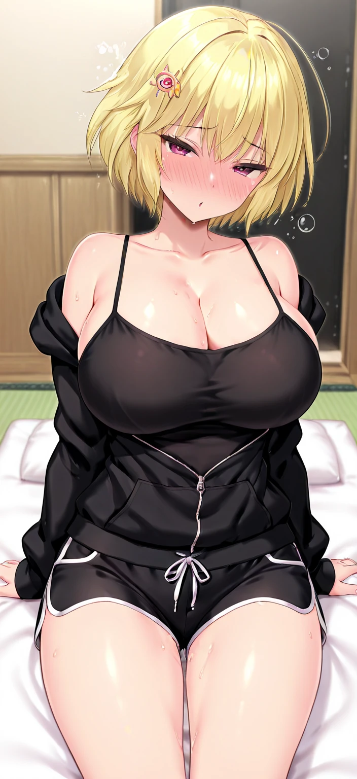 （（（完美number，number，Solitary， （（（SS，hoodie，hood, shorts, Umbilical cord,hood down,））），（（（and 18, Robot 18, Blonde Hair, blue eyes, short hair, ））），((masterpiece)),high resolution, ((Best quality at best))，masterpiece，quality，Best quality，（（（ Exquisite facial features，looking at the audience,There is light in the eyes，(（（angry，Serious））)，））），型number:1.7））），（（（light and shadow，(((Large Breasts、Breast sagging、Low-cut，Cleavage，Wide hips,)))((Long legs))））），（（（Looking at the camera，black background，）））