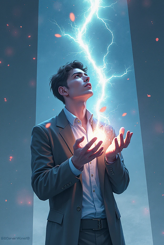 (Absurd, High Resolution), 16k, (Panorama), young man, Closed Eyes, Open Hands, Short Hair, Black Hair, Black Coat, White Underwear, Extreme Detail, Lightning, Magic, Magic Array, Exaggerated Light, Shine, Magic, Floating, Dusk,