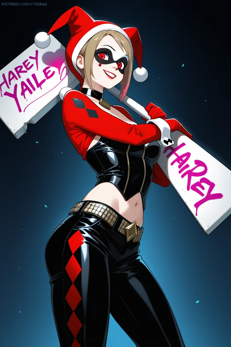 Taylor Swift (age 25) is portraying Harley Quinn, crazy sexy outfit, insane flirty look, oversized carnival hammer, striking a cute power pose, show her entire body