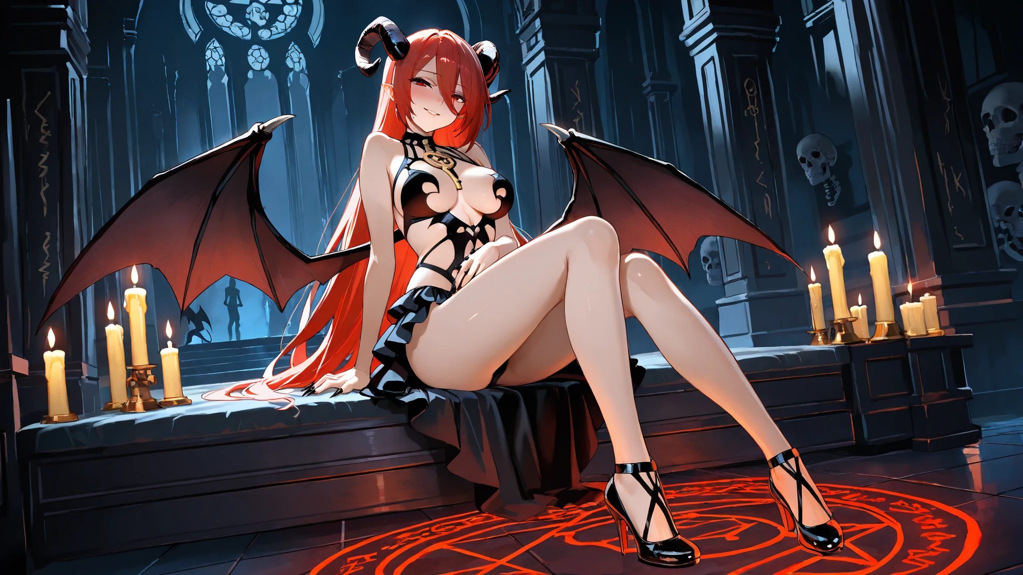 (highdef, best quality, masterpiece) girl, demon, high heels, vibrant red hair, red eyes, black horns, long black dress