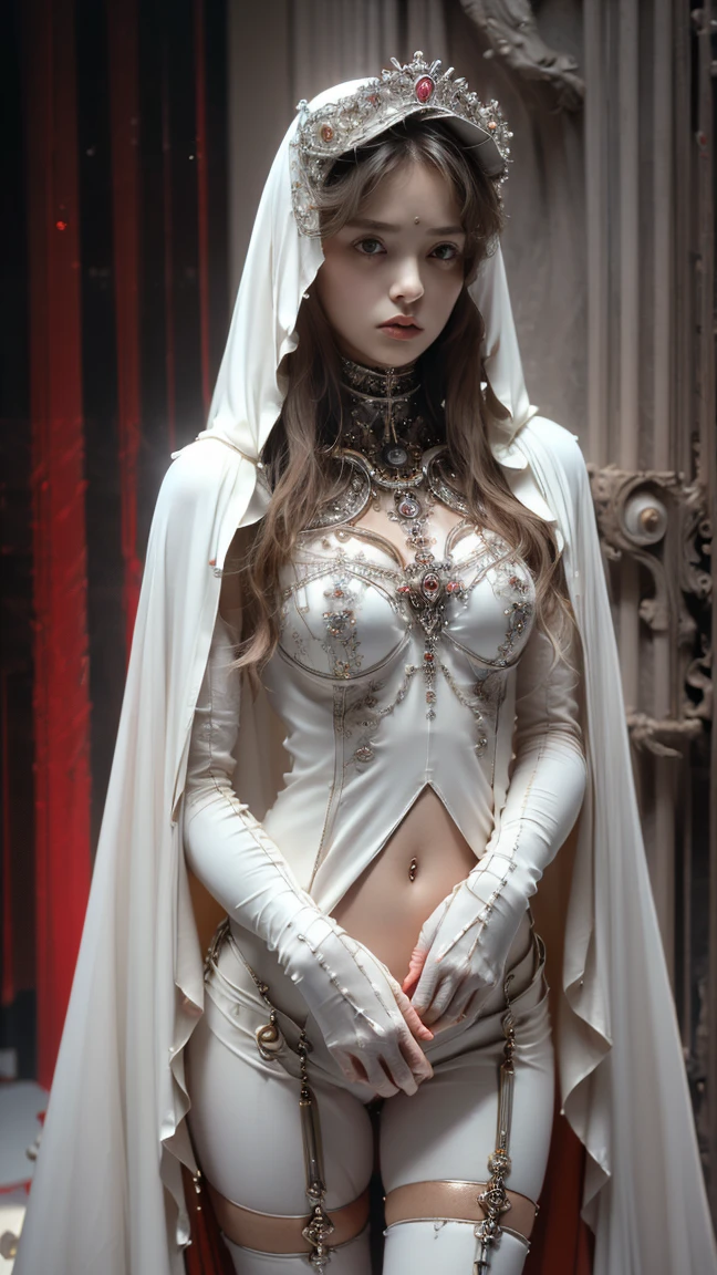 Japan maiden posing in pearl white leather corset,((small tits,well-shaped bust,slim body and constricted waist,,,,,,,,,,,,,,,,,,,)),,,,,,,,, (((Absolute full-length images,front-facing view))),honey birdette, White silk panties＆Transparent Panty House、 Sexy corset in white color, Medium, Long White Leather Boots, lace decoration ,Cybernetic style,nippless,short hair of dark chestnut color,,,,,,,,,,,,,,Inside the cathedral