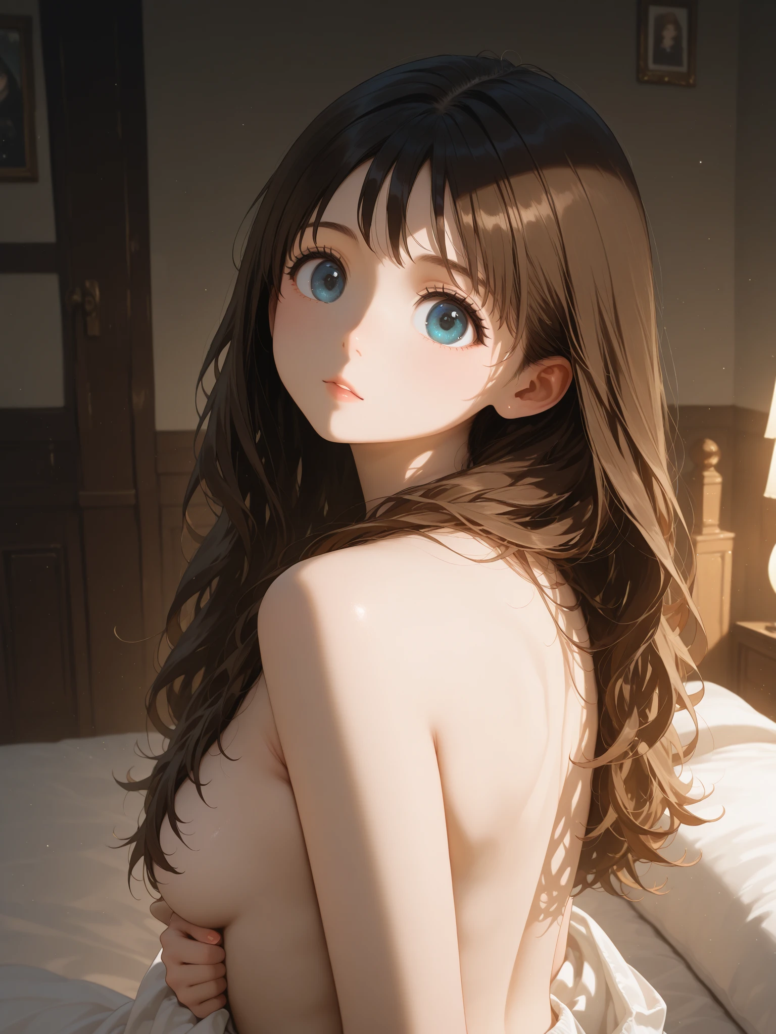 One girl, alone, masterpiece, highest quality, Detailed face, Face Focus, (slender), (Very thin body type)、(Flat Chest), (Saggy breasts), (Small breasts), (Small breasts)、(Sloppy sagging breasts)、(Very long breasts)、(とても長いSmall breasts)、belly button、(((Completely naked))), (((No clothes)))、View your viewers, Embarrassed smile, null, Ocean, Shiny skin, Glass Wonder, horse 耳s, Horse Girl, Long Hair, Glass Wonder_\(umamusume\), Turquoise eyes、Lying in bed、(Wide-open legs)、Normal position