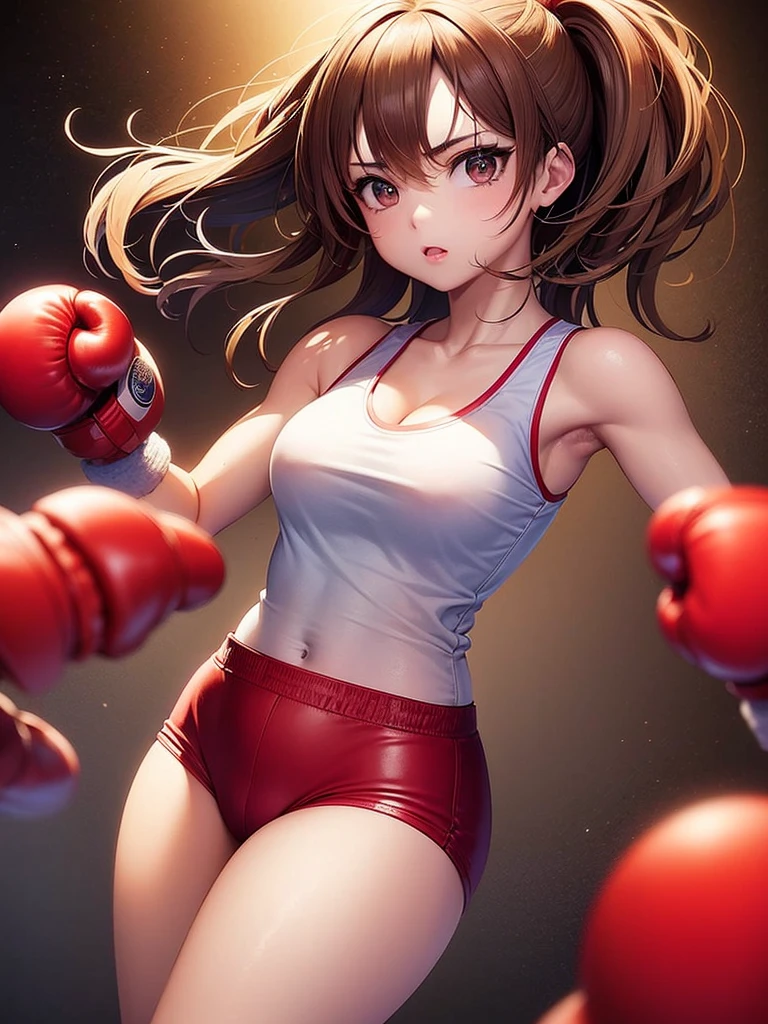 masterpiece, (textured skin), best quality, gorgeous beautiful girl, (a female boxing athlete), detailed clothes,large breasts,narrow waist,, (beautiful face), cinematic lighting, (at boxing venue),