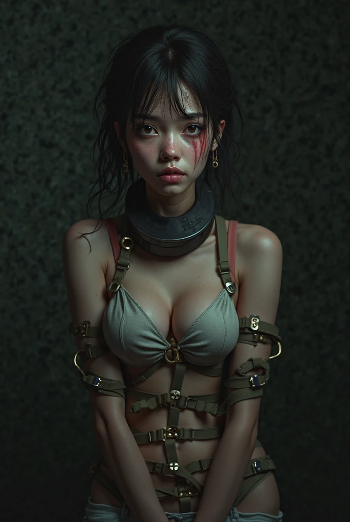 (32K:1.9, Horror expression:1.9, Highest quality, masterpiece, Ultra-high resolution), Perfect dynamic composition, Highly detailed skin and facial textures:1.3, Detailed eyes, Detailed limbs, (The Darkest Dungeon:1.3), Light brown leather clothing:1.6, Cute sexy slim Japanese woman, Fair skin, Tilt your head, (5 Zombies:1.8, Crazy behavior:1.7, Zombie touching a woman:1.9, Raindrops falling from the ceiling:1.5), (Her huge breasts look like they're about to burst, areola is not visible, Big cleavage), (A look of despair:1.3, Expression of despair:1.3, Totally captivates you), Beautiful Blue Eyes, Beautiful erotic eyes, Sexy Face, blush, Beautiful sensual atmosphere, Professional camera work, ((Bloody:1.9, Covered in scars:1.9, Bruises on the face:1.9, Covered in bruises:1.9, Lots of big chains:1.8, Countless chains tangled in clothes:1.8, Chain your right arm:1.8, Chain the left arm:1.8, The right leg is bound with a shackle and chain:1.8, The left leg is bound with a shackle and chain:1.8)), ((Endless chains invade:1.8)), (Too erotic)