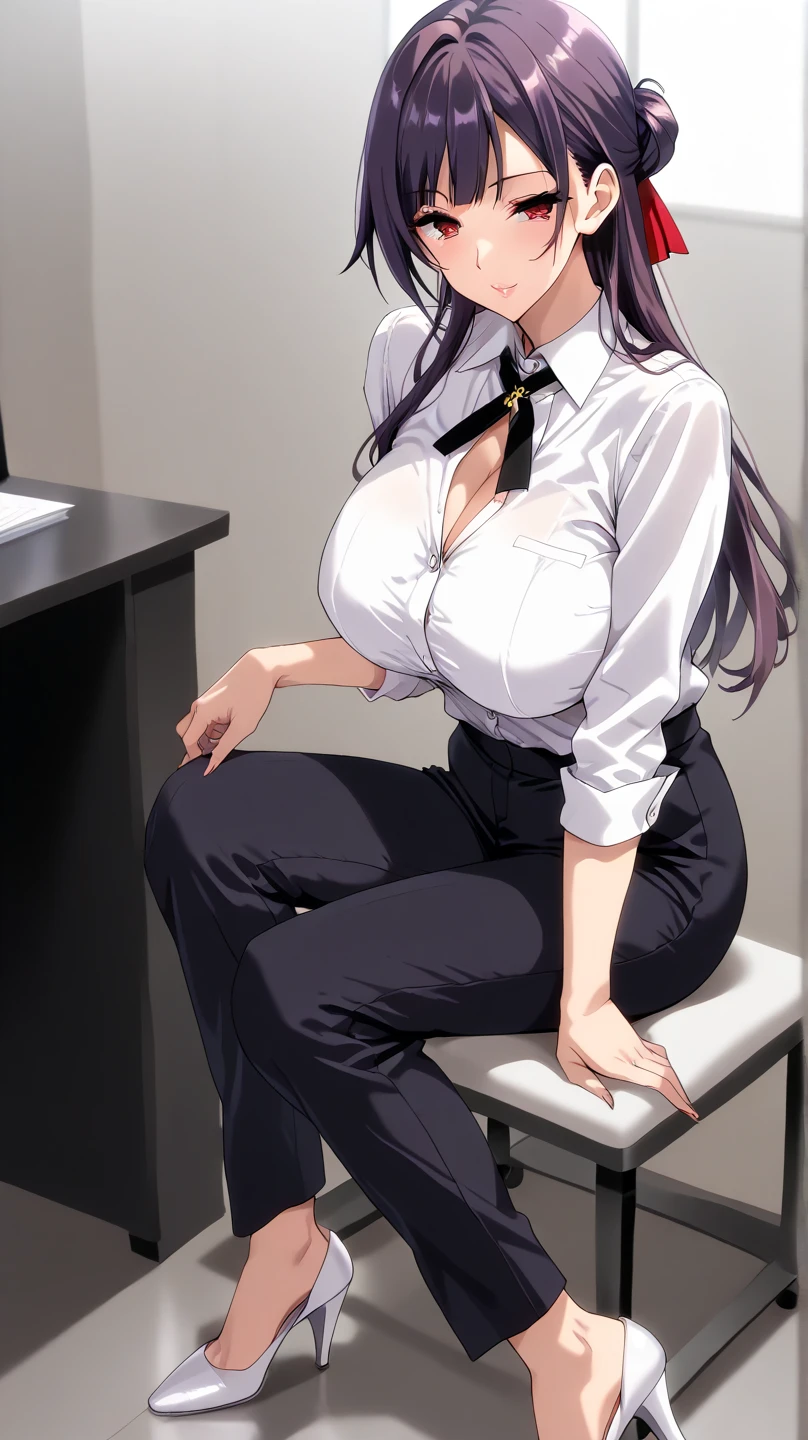 mikasa, 1girl, solo, ((white shirt)), black thighhighs, breasts, cleavage, uniform, office background, black skirt, pleated skirt, office, hair between eyes, hair ornament, large breasts, long hair, looking at viewer, silver hair, silver short nails, red eyes, solo, thighhighs, thighs, very long hair, ((masterpiece)), sitting, chair, desk, computer on desk, name tag, id tag, indoor, blush, sexy pose, hands behind,

