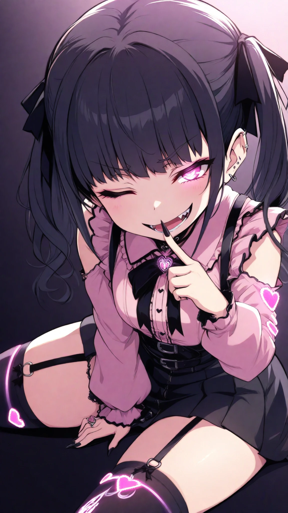 Sit on the sofa,looking ahead,from above,handjob,side view,face focus,open mouth,tongue out,cum on tongue,Licking the penis,(1girl,Beautiful 14 year old girl),((Slender,Small breasts,Baby Face,Small face,)),looking at viewer,Black Hair,bangs,two side up,Gray Eyes,Drooping eyes,slit pupils,narrow eyes,Sheer black and dark pink negligee,Collar with leash,Beautiful and detailed anime art,Mischievous smile,Dimly lit room,Simple Background,Gray background,Low lighting