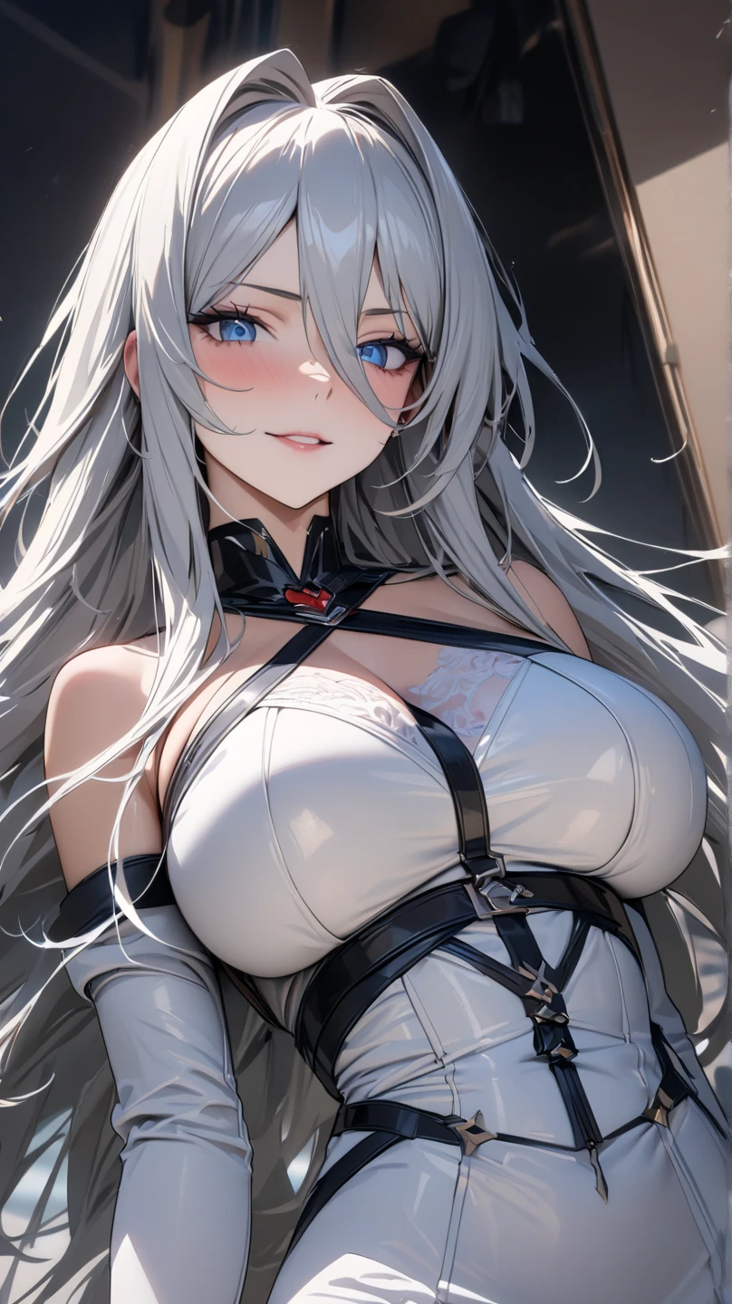 最high quality、Best image quality、masterpiece、girl((20-year-old、 By becoming、Best Bust、Medium Bust,Wide open breast tea、red glowing eyes,Silver Hair、Disheveled Hair、Long Hair、thin,The highest valley、Open chest、White wristband、smile、hair ornamentany accessories、White shirt、OL)),high quality、Beautiful art、background((Inside the company's stylish office))、Flight、Flying debris、Written boundary depth、movie、Visual Arts、Perfect art、8K,Genuine、