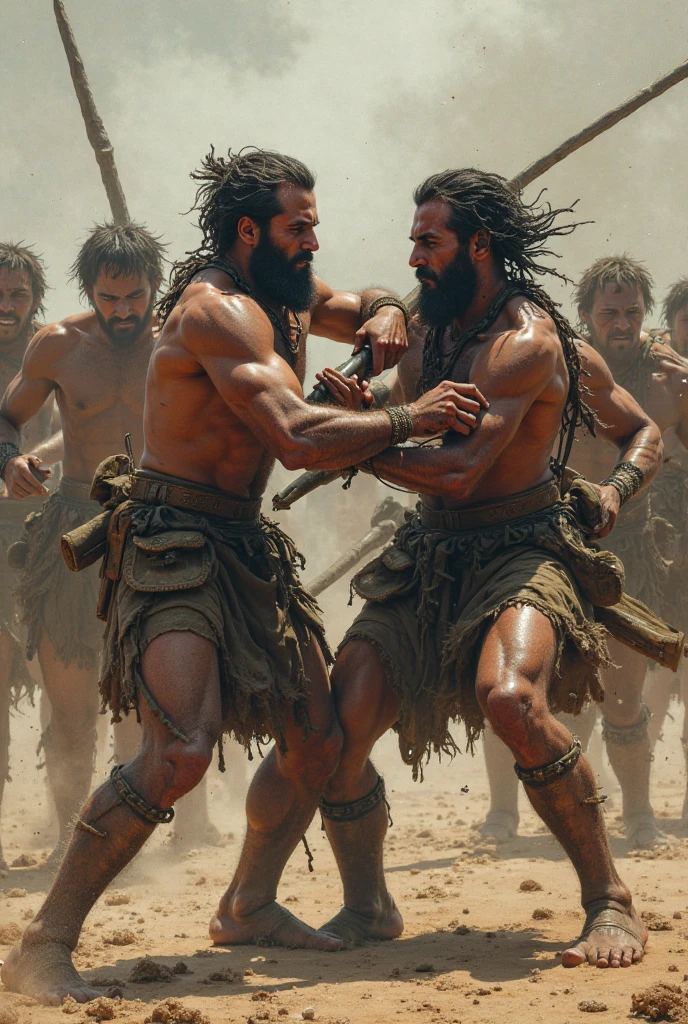 Twelve strong, hairy men with towels around their waists, sweaty, breaking rocks inside a dark mine.