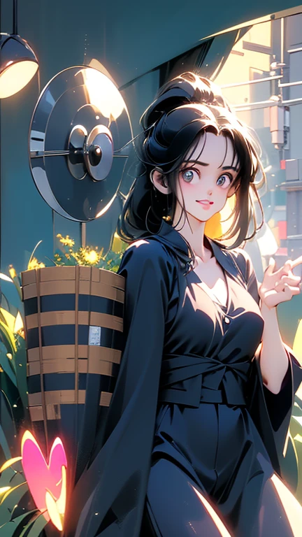 masterpiece, best quality, 1woman, (color),(finely detailed beautiful eyes and detailed face), cinematic lighting, bust photo,extremely detailed 8k CG unit wallpaper, solo, smile, ((flying petals)) ,(flowery meadow) sky, céu_nublado, construction, moonlight, moon, night, (dark theme: 1.2), light, fantasy, cyberpunk future japan: 1.5, she has long black hair with ponytail, white skin, wears makeup, lipstick, choker, nice cyberpunk japanese clothes, she is a mercenary from a cyberpunk game,
