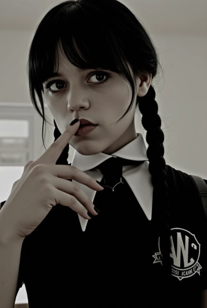Wedns, wedns hair, wedns uniform, angry, unhappy, in a dark bedroom, black bed, looking at the camera, blowjob pov, dick in mouth ,  , from above, nude